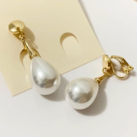NEW Clip On Pearl Teardrop Earrings - Picture 2 of 9